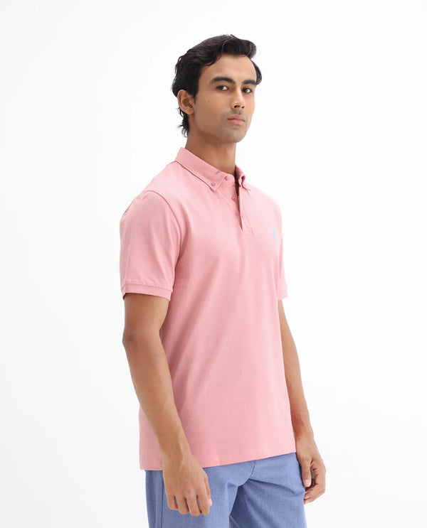 Rare Rabbit Men's Face Light Pink Cotton Fabric Short Sleeves Button Down Collar Embroidered Logo Regular Fit Plain Polo T-Shirt
