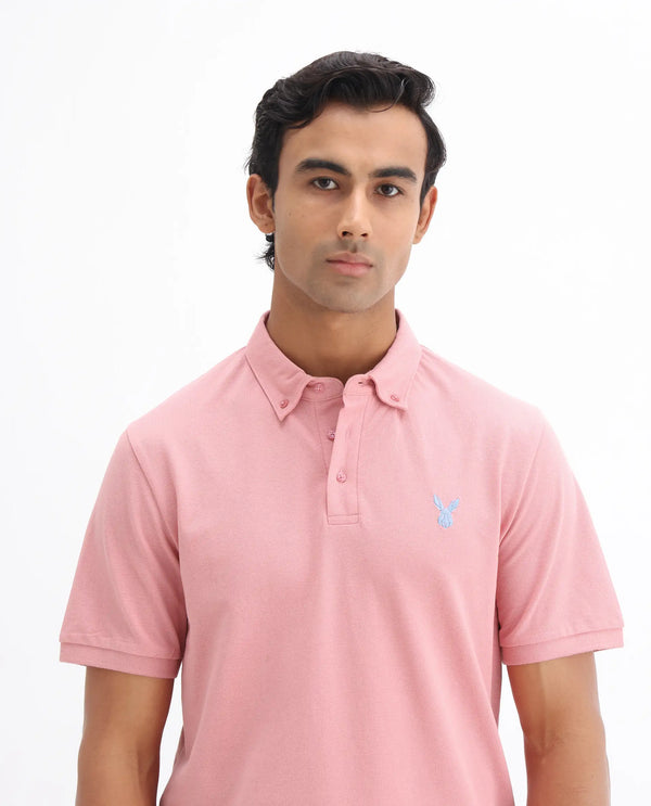 Rare Rabbit Men's Face Light Pink Cotton Fabric Short Sleeves Button Down Collar Embroidered Logo Regular Fit Plain Polo T-Shirt