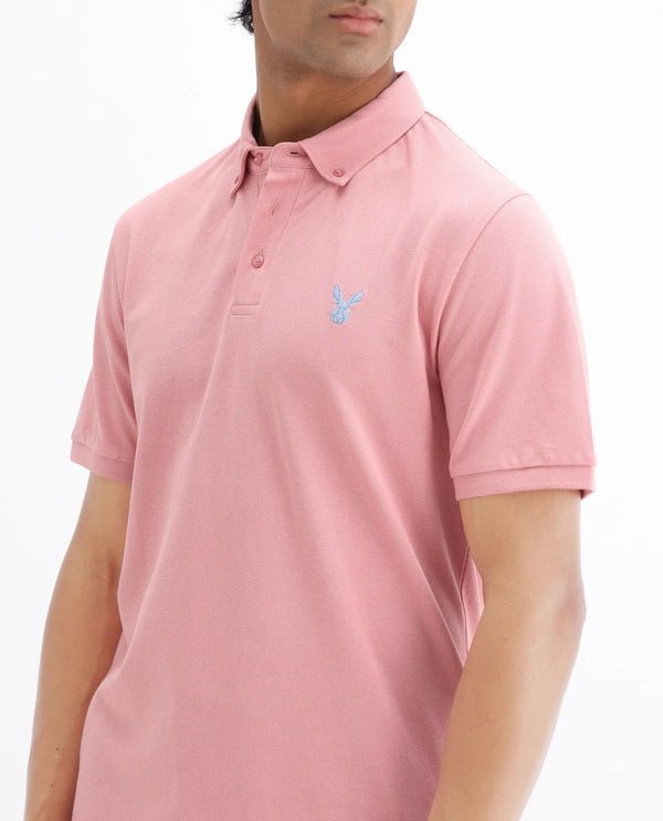 Rare Rabbit Men's Face Light Pink Cotton Fabric Short Sleeves Button Down Collar Embroidered Logo Regular Fit Plain Polo T-Shirt