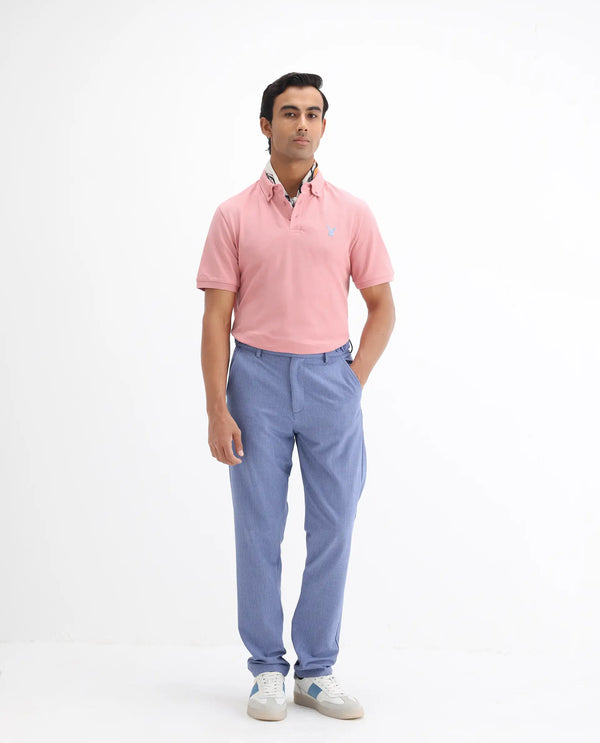 Rare Rabbit Men's Face Light Pink Cotton Fabric Short Sleeves Button Down Collar Embroidered Logo Regular Fit Plain Polo T-Shirt