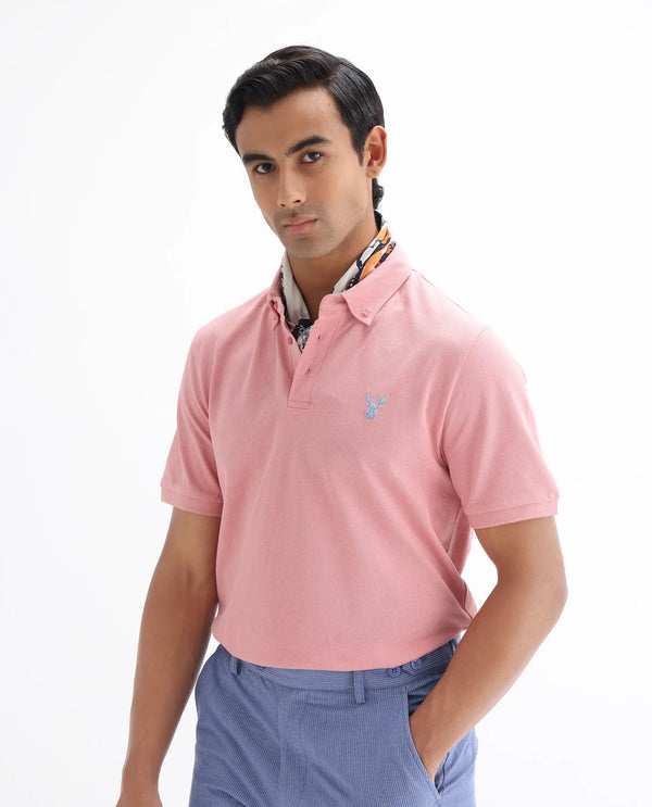 Rare Rabbit Men's Face Light Pink Cotton Fabric Short Sleeves Button Down Collar Embroidered Logo Regular Fit Plain Polo T-Shirt