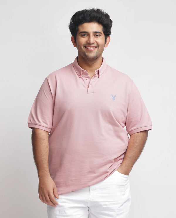 Rare Rabbit Men's Face Light Pink Cotton Fabric Short Sleeves Button Down Collar Embroidered Logo Plain Polo T-Shirt Plus Size