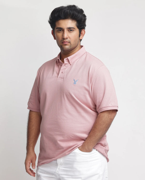 Rare Rabbit Men's Face Light Pink Cotton Fabric Short Sleeves Button Down Collar Embroidered Logo Plain Polo T-Shirt Plus Size