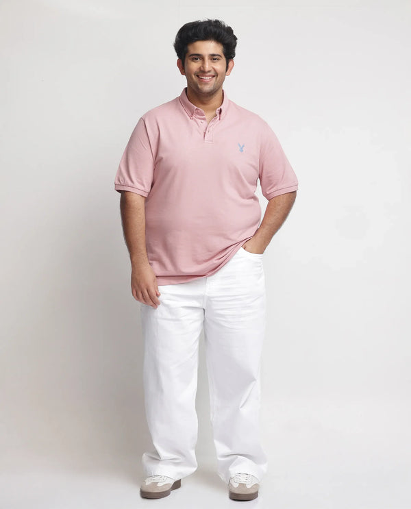 Rare Rabbit Men's Face Light Pink Cotton Fabric Short Sleeves Button Down Collar Embroidered Logo Plain Polo T-Shirt Plus Size