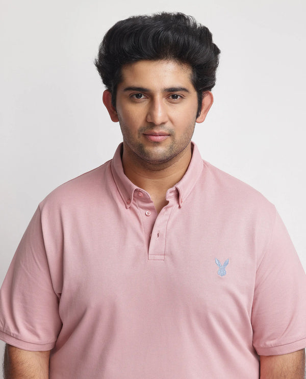Rare Rabbit Men's Face Light Pink Cotton Fabric Short Sleeves Button Down Collar Embroidered Logo Plain Polo T-Shirt Plus Size