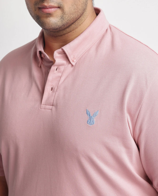 Rare Rabbit Men's Face Light Pink Cotton Fabric Short Sleeves Button Down Collar Embroidered Logo Plain Polo T-Shirt Plus Size