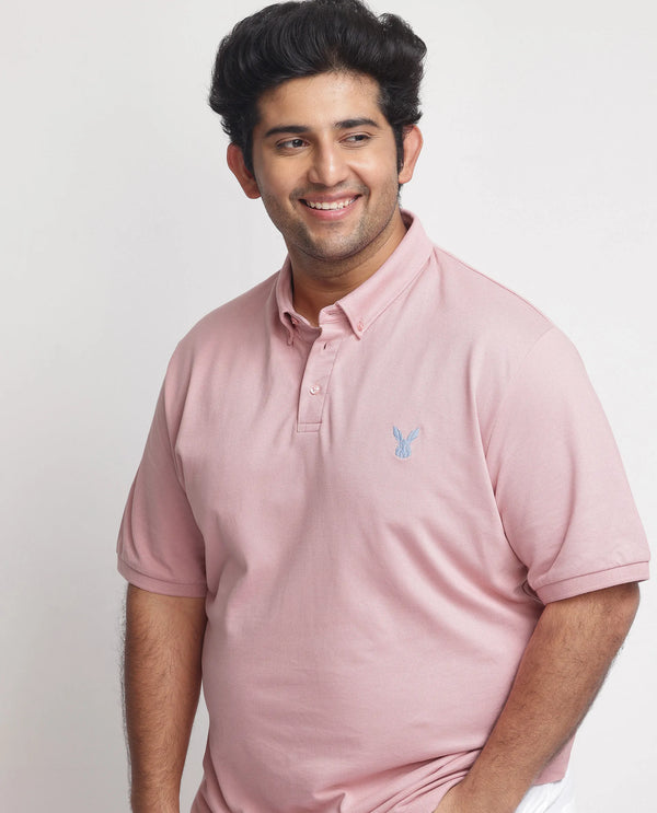 Rare Rabbit Men's Face Light Pink Cotton Fabric Short Sleeves Button Down Collar Embroidered Logo Plain Polo T-Shirt Plus Size