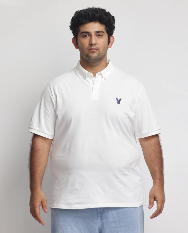 Rare Rabbit  Men's Face White Cotton Fabric Short Sleeves Button Down Collar Embroidered Logo Plus Size Fit Plain Polo T-Shirt
