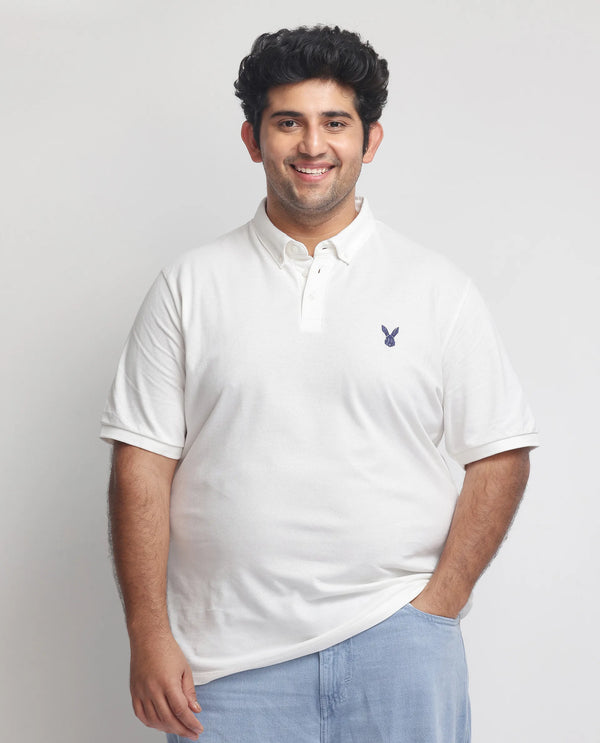Rare Rabbit  Men's Face White Cotton Fabric Short Sleeves Button Down Collar Embroidered Logo Plus Size Fit Plain Polo T-Shirt