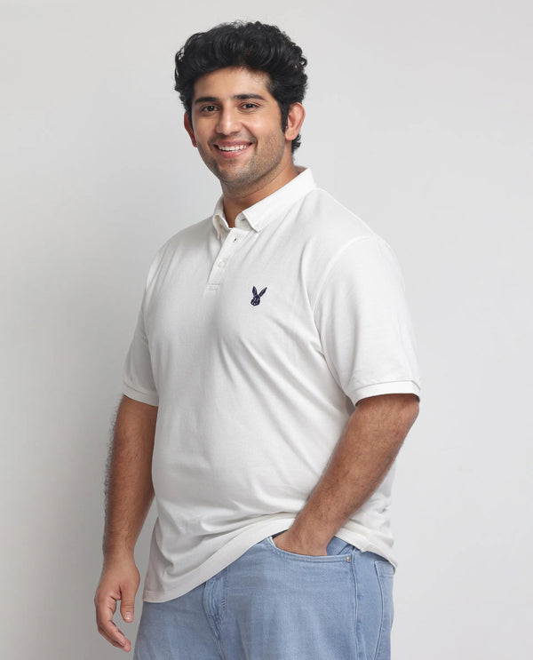 Rare Rabbit  Men's Face White Cotton Fabric Short Sleeves Button Down Collar Embroidered Logo Plus Size Fit Plain Polo T-Shirt