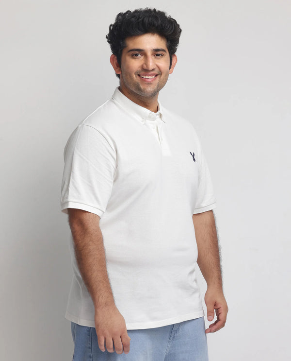 Rare Rabbit  Men's Face White Cotton Fabric Short Sleeves Button Down Collar Embroidered Logo Plus Size Fit Plain Polo T-Shirt