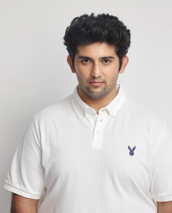 Rare Rabbit  Men's Face White Cotton Fabric Short Sleeves Button Down Collar Embroidered Logo Plus Size Fit Plain Polo T-Shirt