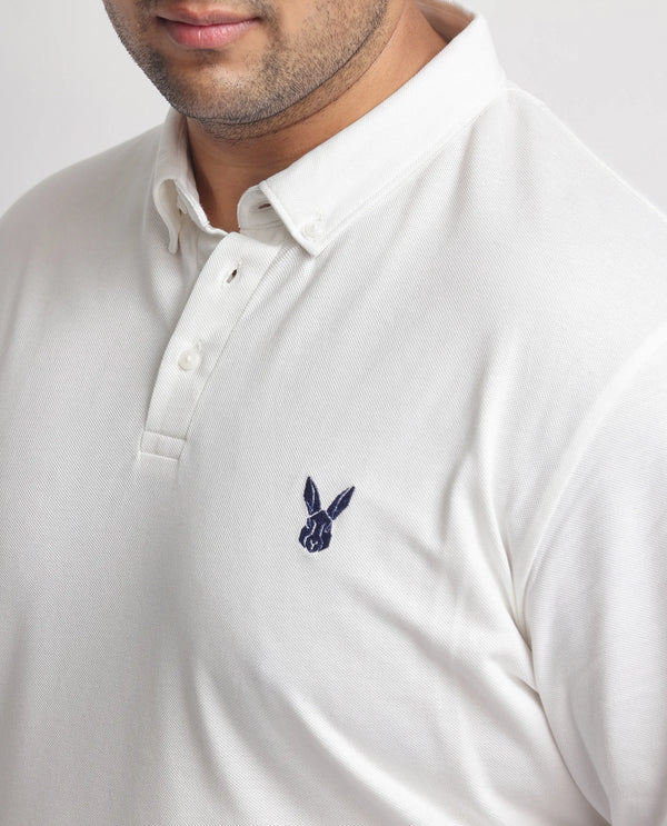 Rare Rabbit  Men's Face White Cotton Fabric Short Sleeves Button Down Collar Embroidered Logo Plus Size Fit Plain Polo T-Shirt