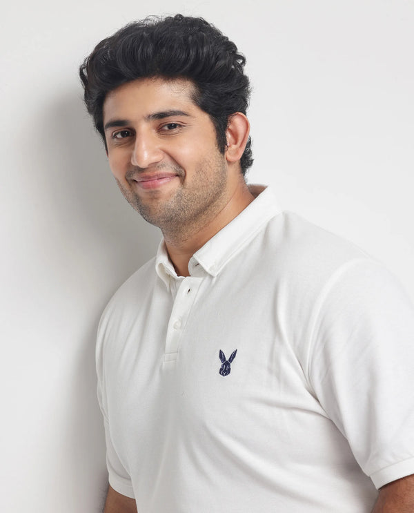 Rare Rabbit  Men's Face White Cotton Fabric Short Sleeves Button Down Collar Embroidered Logo Plus Size Fit Plain Polo T-Shirt