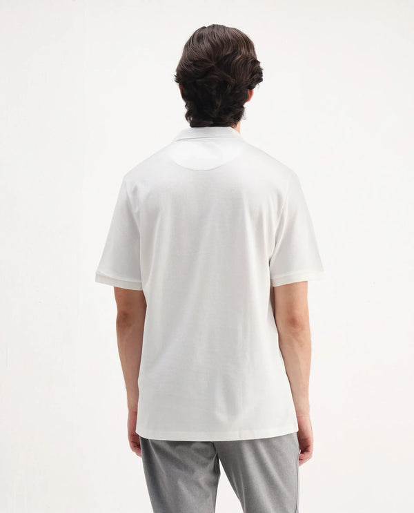 Rare Rabbit  Men's Face White Cotton Fabric Short Sleeves Button Down Collar Embroidered Logo Regular Fit Plain Polo T-Shirt