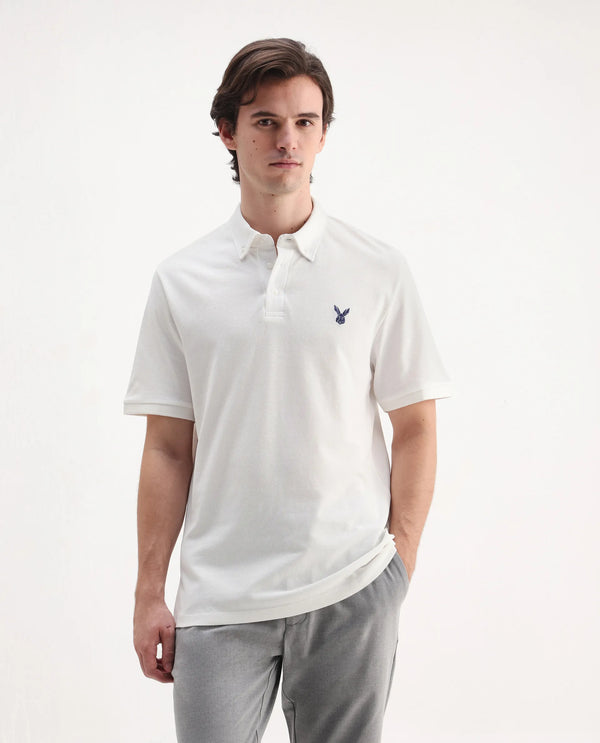 Rare Rabbit  Men's Face White Cotton Fabric Short Sleeves Button Down Collar Embroidered Logo Regular Fit Plain Polo T-Shirt