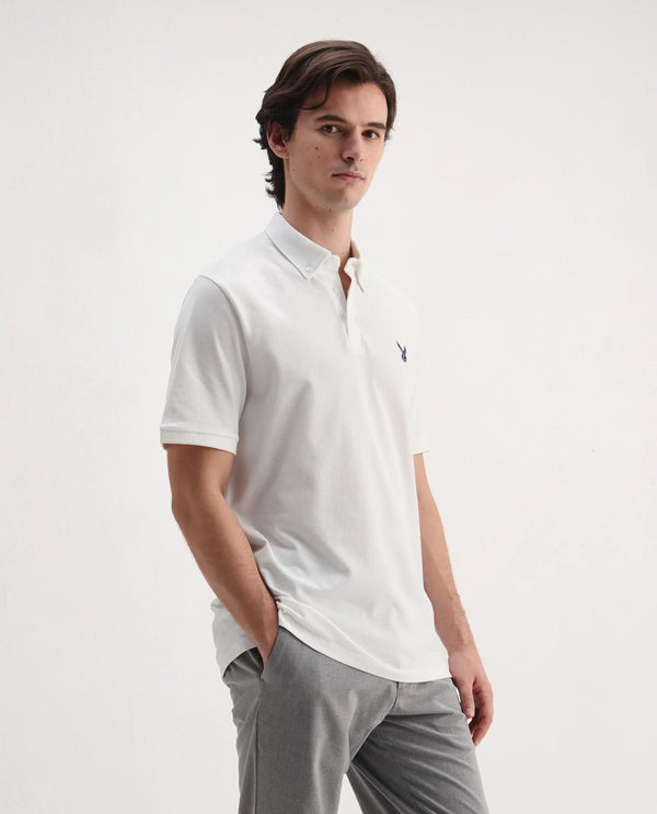 Rare Rabbit  Men's Face White Cotton Fabric Short Sleeves Button Down Collar Embroidered Logo Regular Fit Plain Polo T-Shirt