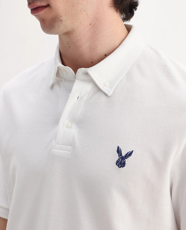 Rare Rabbit  Men's Face White Cotton Fabric Short Sleeves Button Down Collar Embroidered Logo Regular Fit Plain Polo T-Shirt