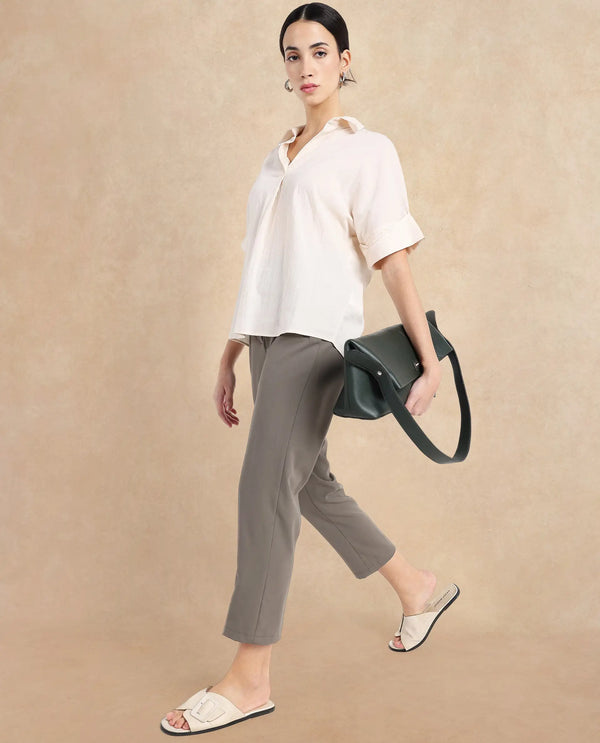 Rareism Women Falqu Dusky Grey Zipper Tapered Fit Plain Ankle Length Trouser