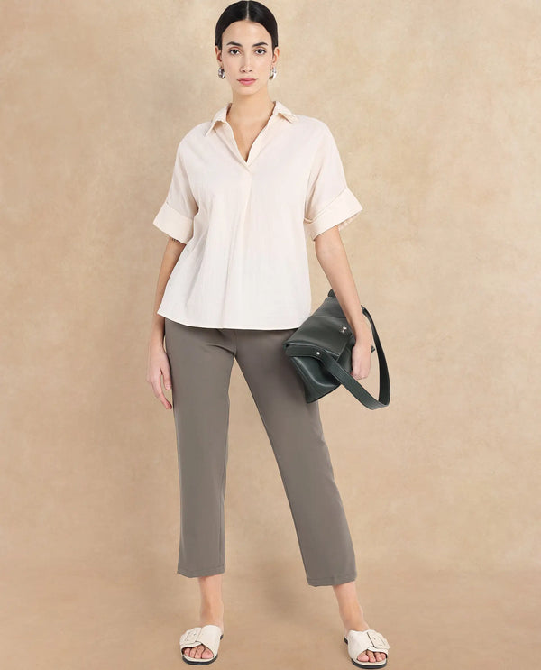 Rareism Women Falqu Dusky Grey Zipper Tapered Fit Plain Ankle Length Trouser