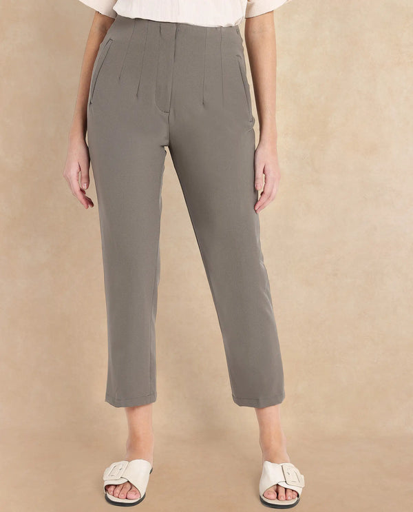 Rareism Women Falqu Dusky Grey Zipper Tapered Fit Plain Ankle Length Trouser
