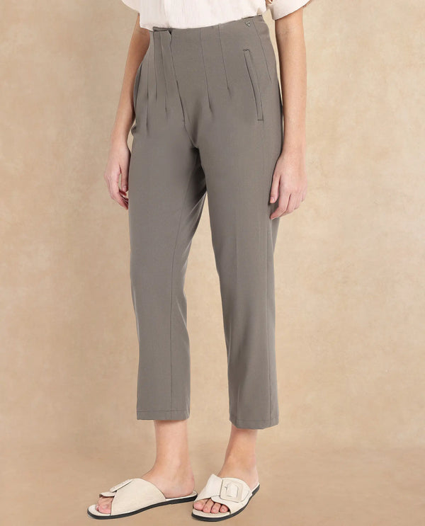 Rareism Women Falqu Dusky Grey Zipper Tapered Fit Plain Ankle Length Trouser