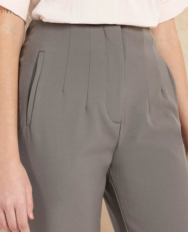 Rareism Women Falqu Dusky Grey Zipper Tapered Fit Plain Ankle Length Trouser