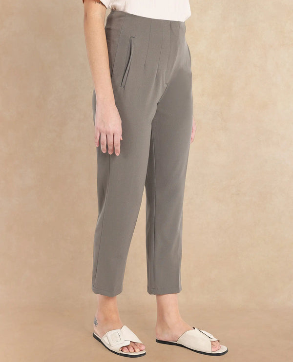 Rareism Women Falqu Dusky Grey Zipper Tapered Fit Plain Ankle Length Trouser