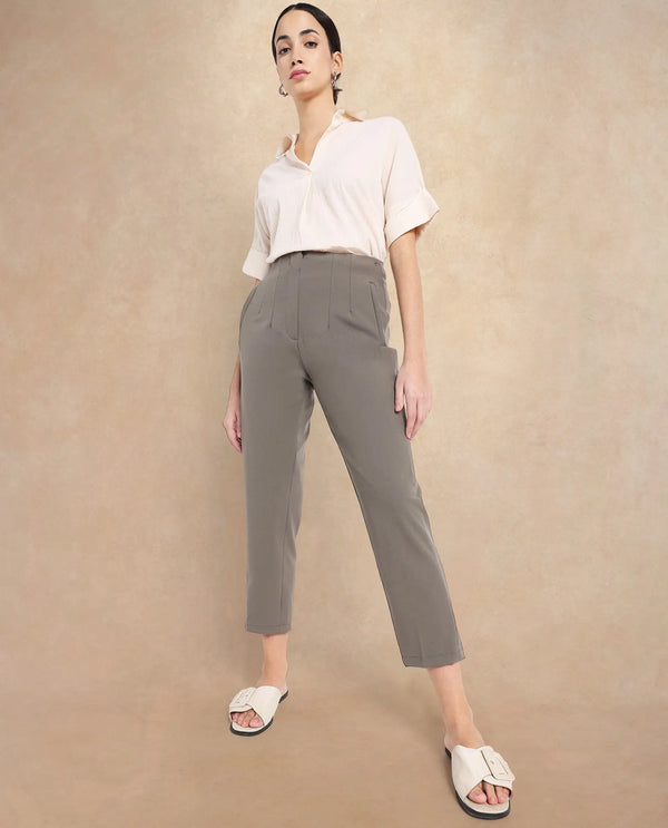 Rareism Women Falqu Dusky Grey Zipper Tapered Fit Plain Ankle Length Trouser