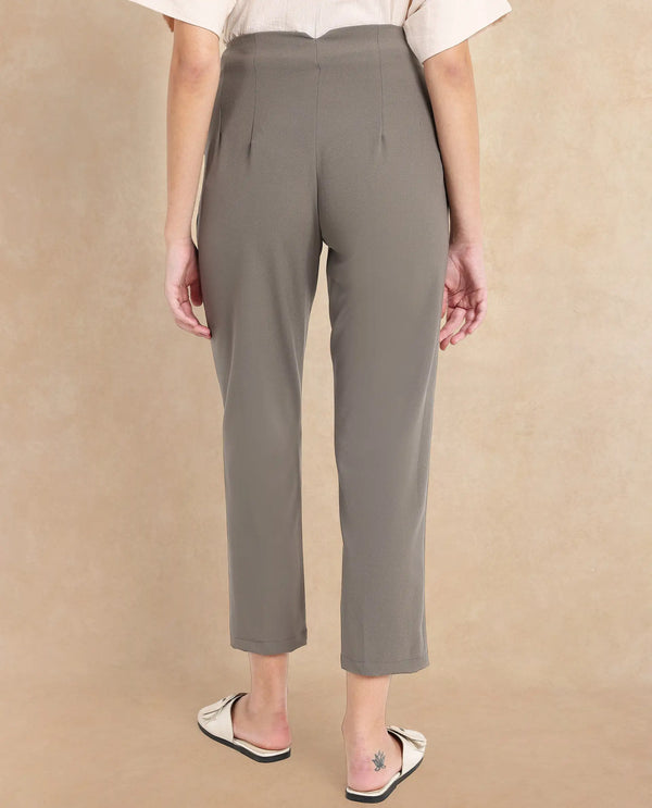 Rareism Women Falqu Dusky Grey Zipper Tapered Fit Plain Ankle Length Trouser