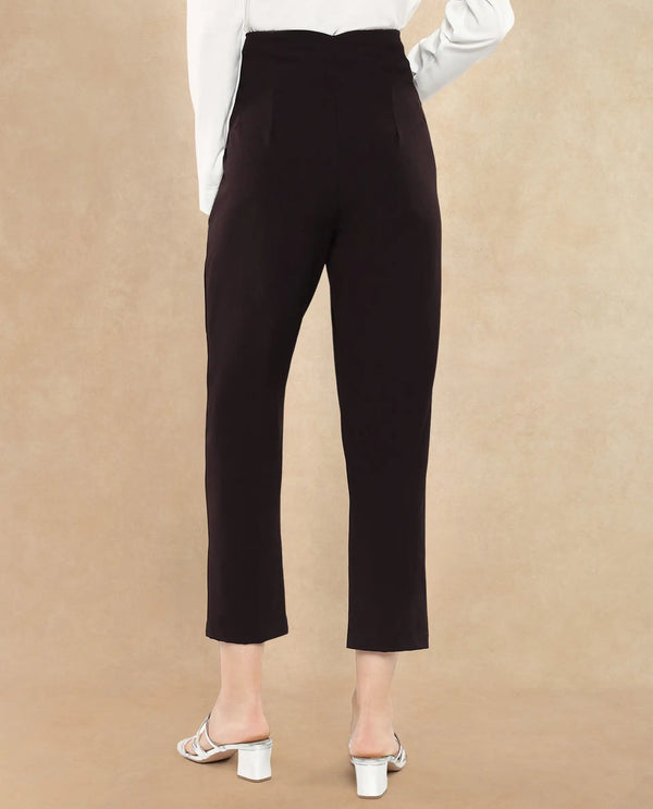 Rareism Women Falqu Maroon Zipper Tapered Fit Plain Ankle Length Trouser