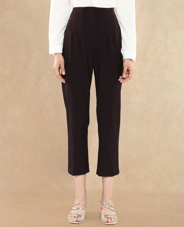 Rareism Women Falqu Maroon Zipper Tapered Fit Plain Ankle Length Trouser