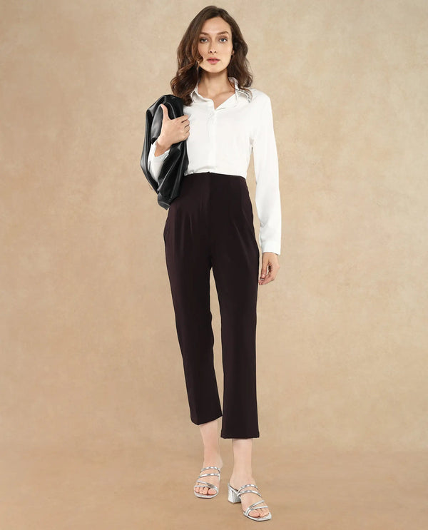 Rareism Women Falqu Maroon Zipper Tapered Fit Plain Ankle Length Trouser