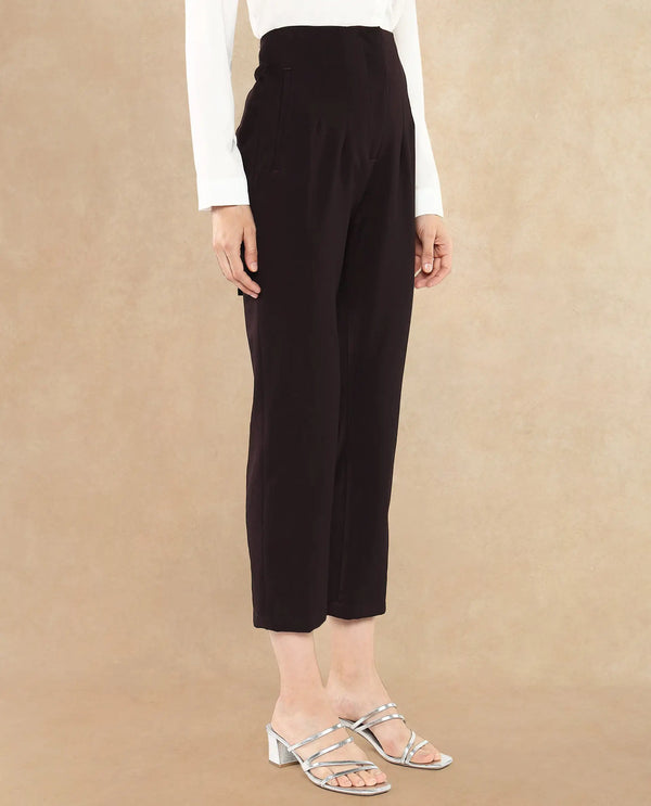 Rareism Women Falqu Maroon Zipper Tapered Fit Plain Ankle Length Trouser