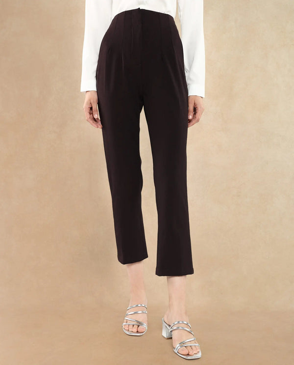Rareism Women Falqu Maroon Zipper Tapered Fit Plain Ankle Length Trouser