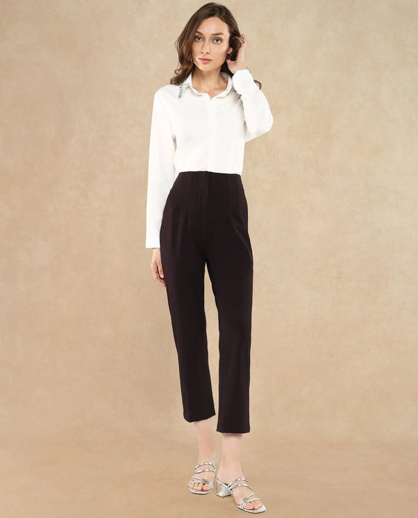 Rareism Women Falqu Maroon Zipper Tapered Fit Plain Ankle Length Trouser