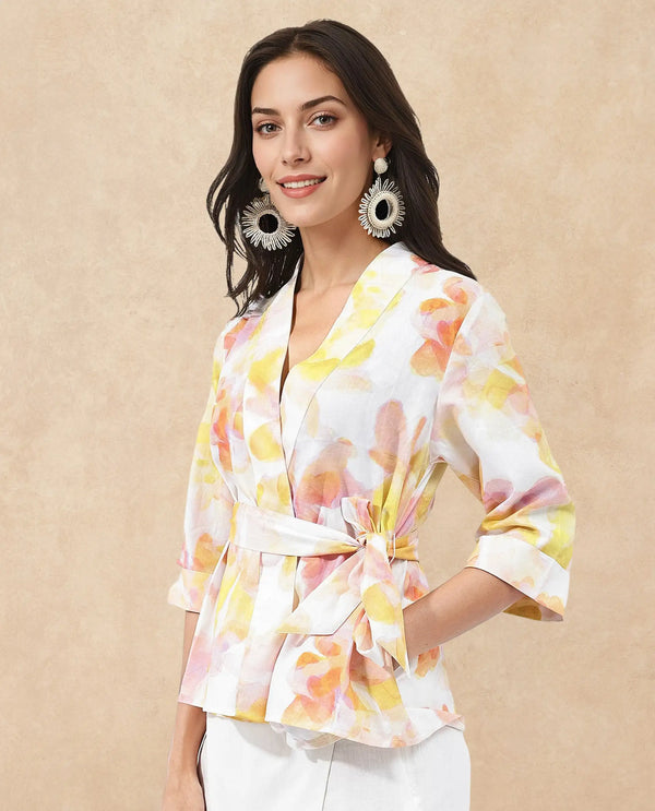 Rareism Women Famo Light Multi Abstract Print Overlap Neck Top