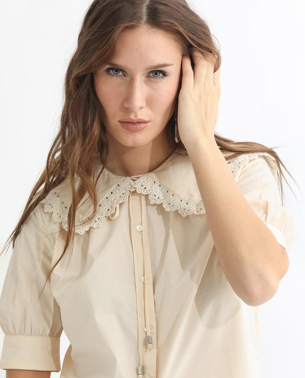 Rareism Women Farse Light Beige Polyester Fabric Regular Fit Shirt Collar Half Sleeves Solid Top