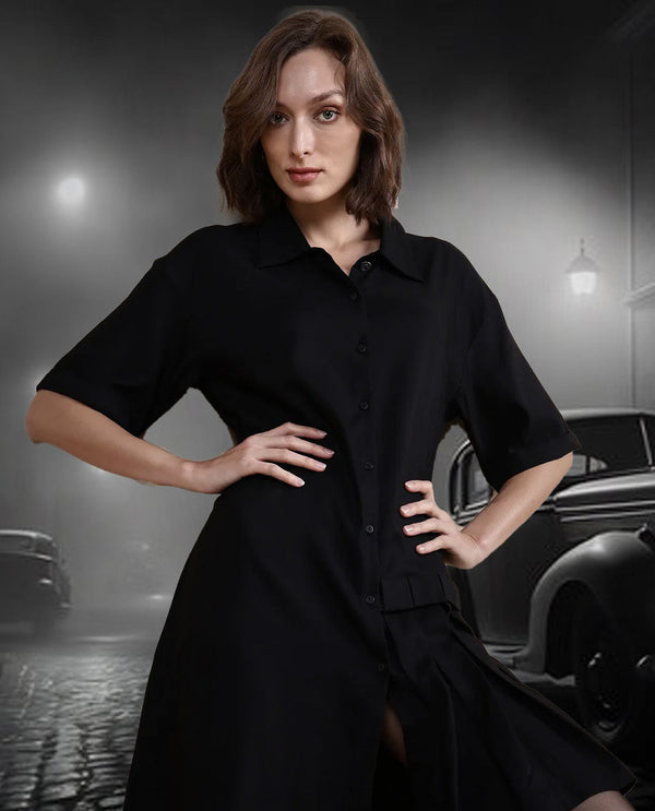 Rareism Women's Dilijan Black Cotton Blend Fabric Drop Collar Button Closure Half Sleeve Plain Asymmetric Knee Length Dress
