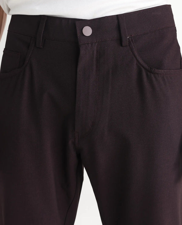 Rare Rabbit Men Fastro Dark Maroon Mid Rise 4 Wat Stretch Regular Fit Plain Trouser