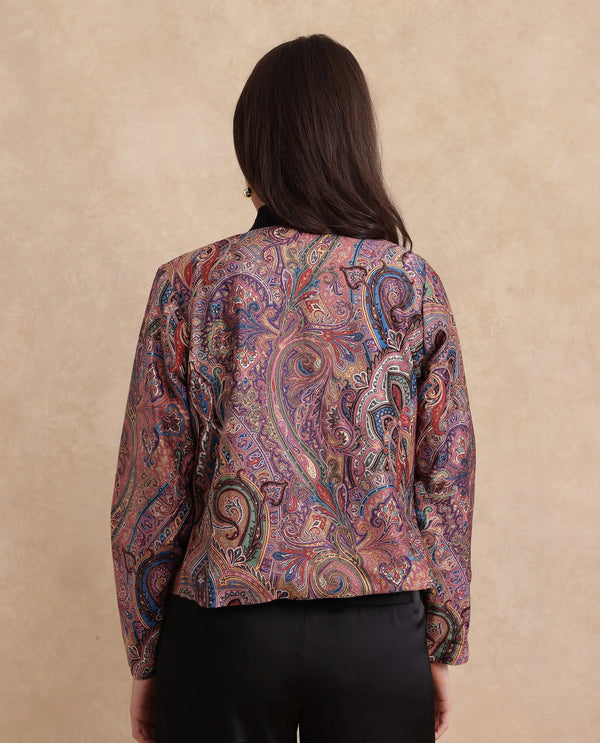 Rareism Women Sedfer Multi Velvet Full Sleeve Collarless Paisley Print Jacket