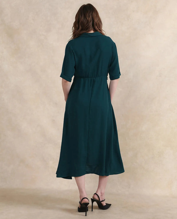 Rareism Women Fedrez Green Bell Sleeves Cowl Neck Zipper Closure Flared Maxi Plain Dress
