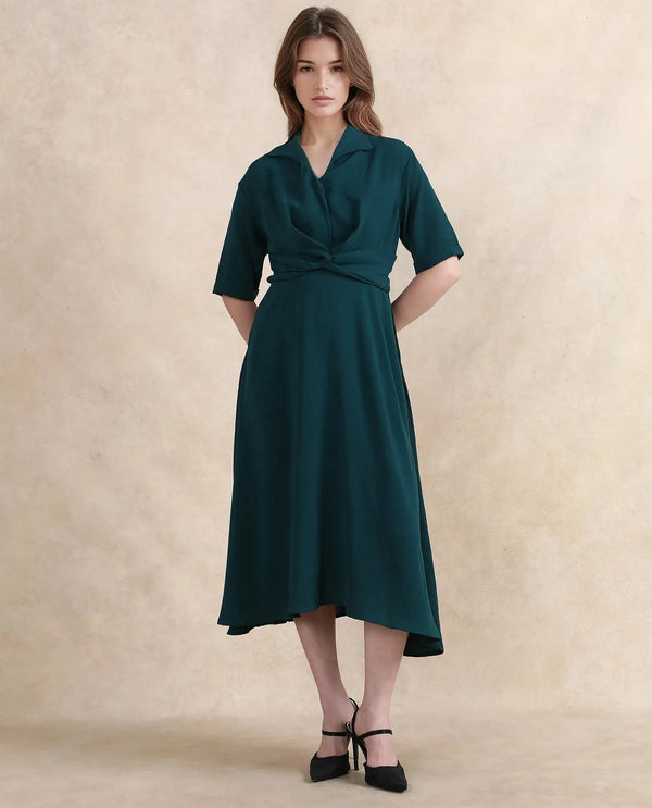 Rareism Women Fedrez Green Bell Sleeves Cowl Neck Zipper Closure Flared Maxi Plain Dress