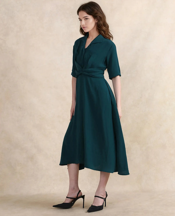 Rareism Women Fedrez Green Bell Sleeves Cowl Neck Zipper Closure Flared Maxi Plain Dress