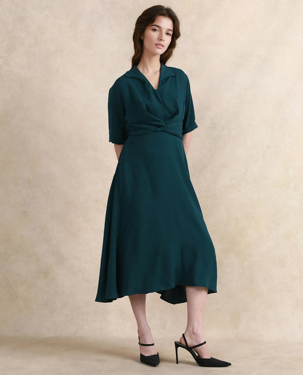 Rareism Women Fedrez Green Bell Sleeves Cowl Neck Zipper Closure Flared Maxi Plain Dress