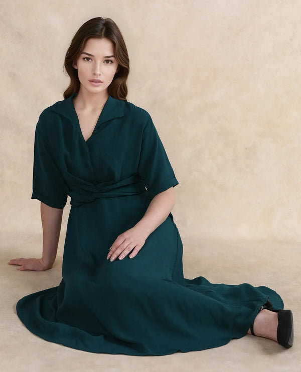 Rareism Women Fedrez Green Bell Sleeves Cowl Neck Zipper Closure Flared Maxi Plain Dress