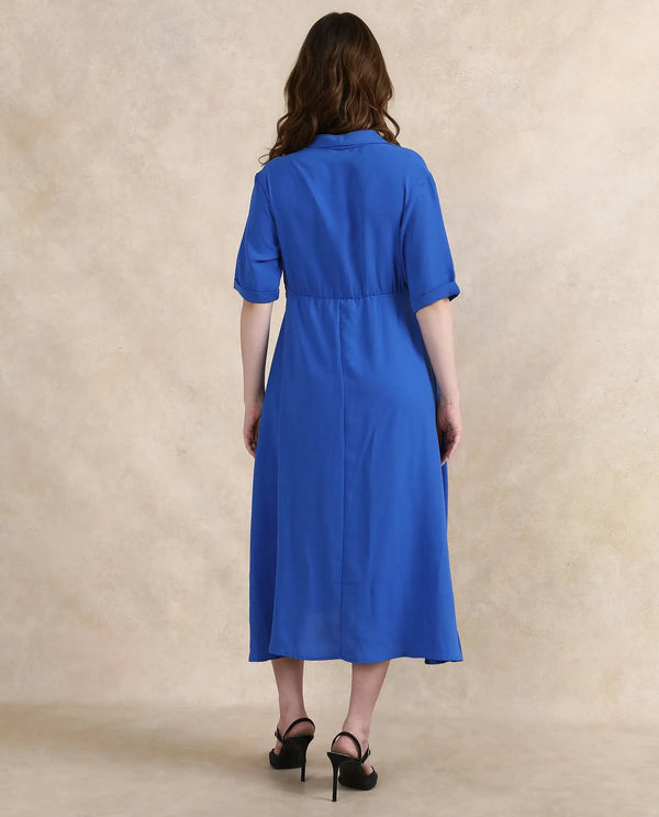 Rareism Women Fedrez Navy Polyester Fabric Bell Sleeves Cowl Neck Flared Maxi Plain Dress