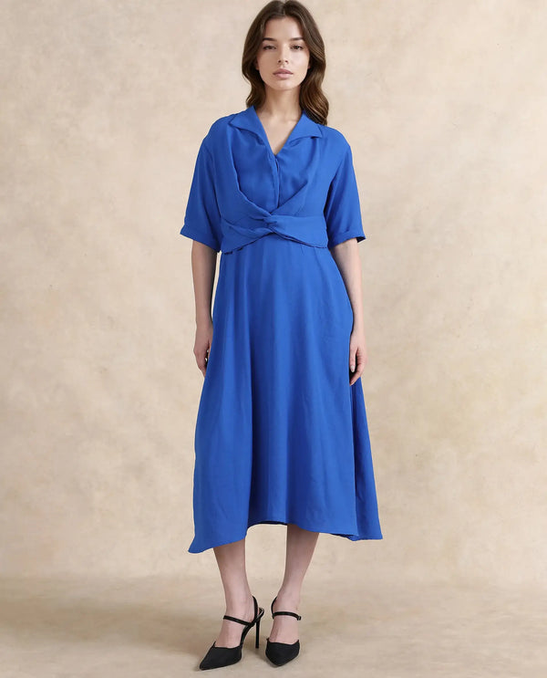 Rareism Women Fedrez Navy Polyester Fabric Bell Sleeves Cowl Neck Flared Maxi Plain Dress