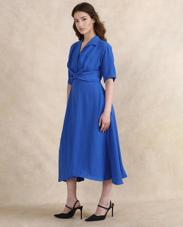 Rareism Women Fedrez Navy Polyester Fabric Bell Sleeves Cowl Neck Flared Maxi Plain Dress