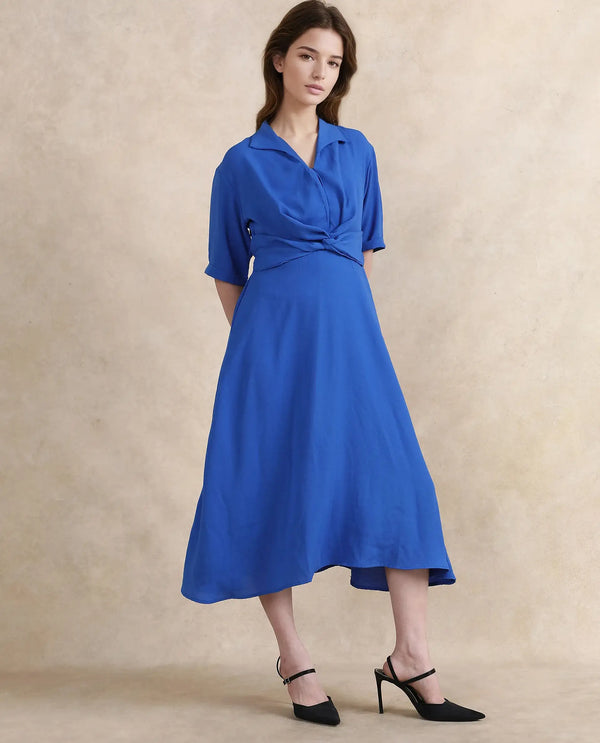 Rareism Women Fedrez Navy Polyester Fabric Bell Sleeves Cowl Neck Flared Maxi Plain Dress